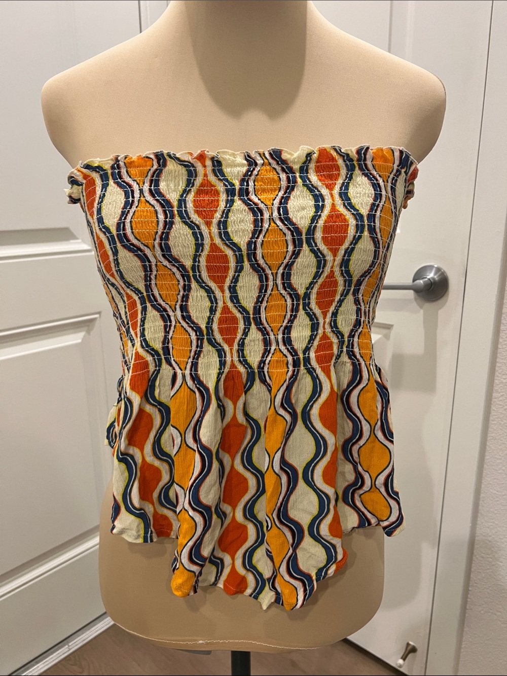 New Look Orange & Navy Smocked Strapless Peplum Crop Top